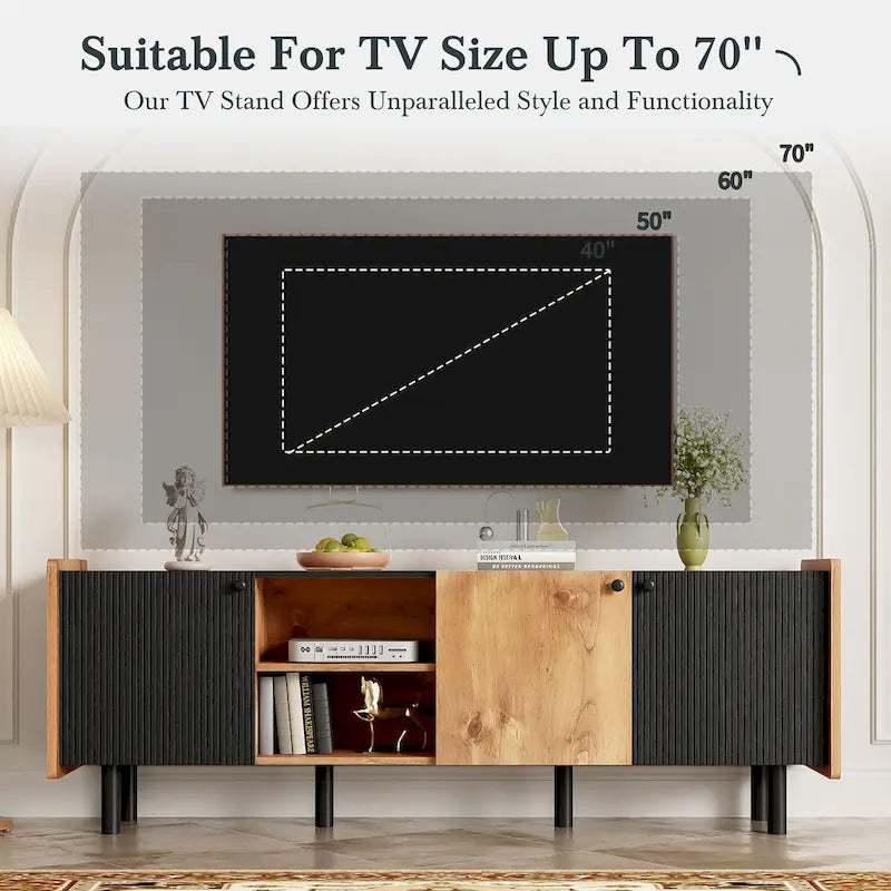 Meuble TV style années 50 avec 3 placards, console multimédia pour téléviseurs jusqu'à 70 pouces, meuble TV avec rangements-10
