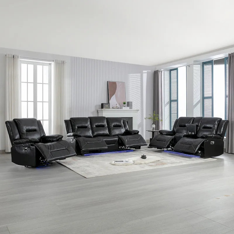 Ensemble de fauteuil inclinable pour home cinéma, fauteuil inclinable manuel avec bande lumineuse LED et deux porte-gobelets intégrés pour salon, chambre, noir.-36