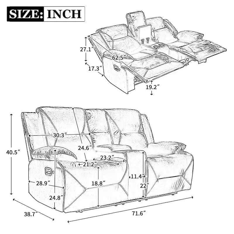Ensemble de fauteuil inclinable pour home cinéma, fauteuil inclinable manuel avec bande lumineuse LED et deux porte-gobelets intégrés pour salon, chambre, noir.-3
