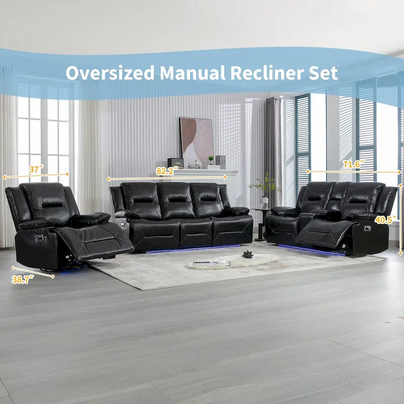 Ensemble de fauteuil inclinable pour home cinéma, fauteuil inclinable manuel avec bande lumineuse LED et deux porte-gobelets intégrés pour salon, chambre, noir.-5