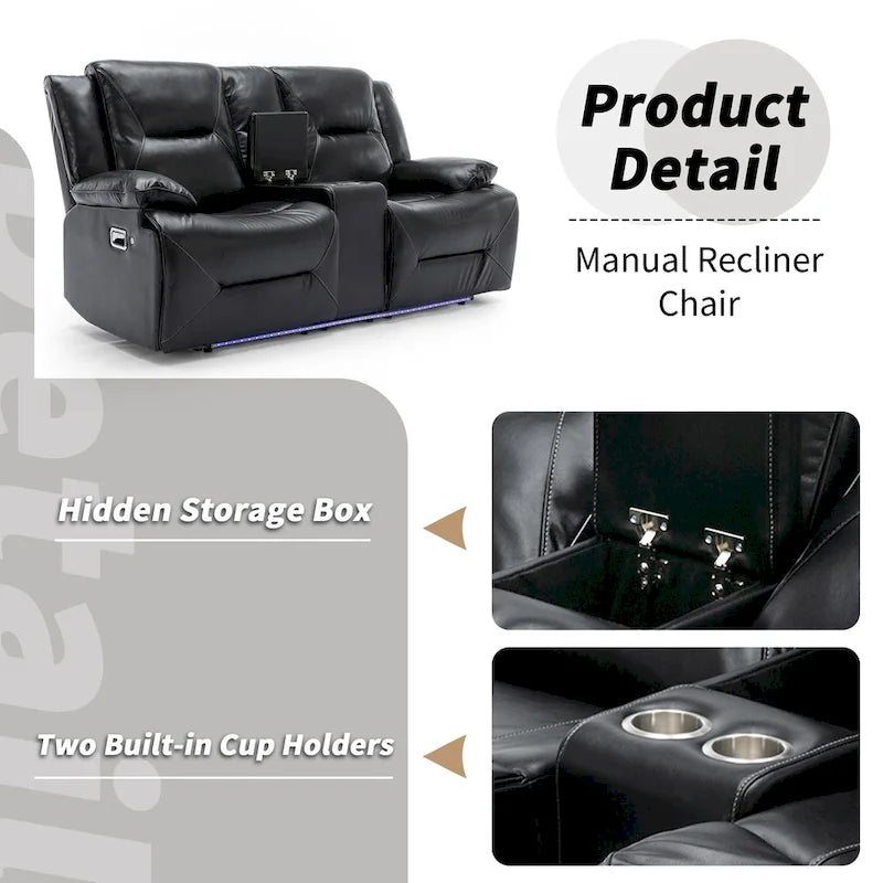 Ensemble de fauteuil inclinable pour home cinéma, fauteuil inclinable manuel avec bande lumineuse LED et deux porte-gobelets intégrés pour salon, chambre, noir.-8