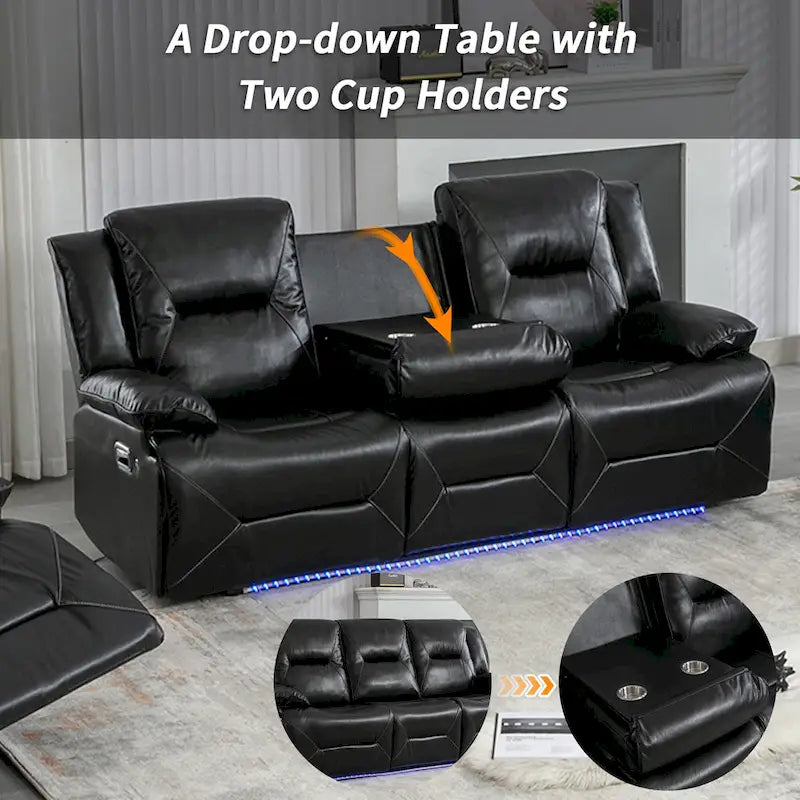 Ensemble de fauteuil inclinable pour home cinéma, fauteuil inclinable manuel avec bande lumineuse LED et deux porte-gobelets intégrés pour salon, chambre, noir.-9
