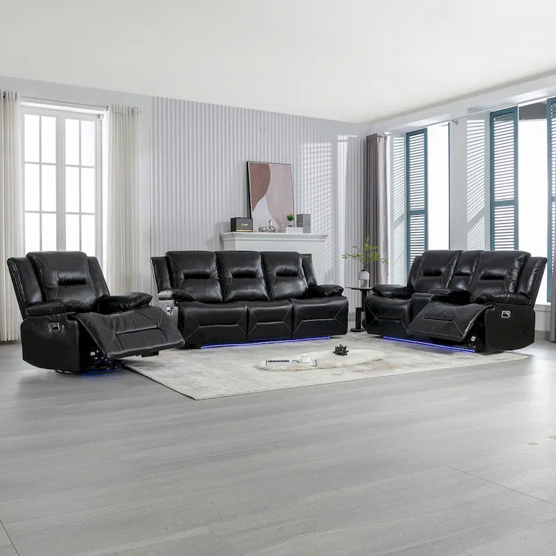 Ensemble de fauteuil inclinable pour home cinéma, fauteuil inclinable manuel avec bande lumineuse LED et deux porte-gobelets intégrés pour salon, chambre, noir.-10