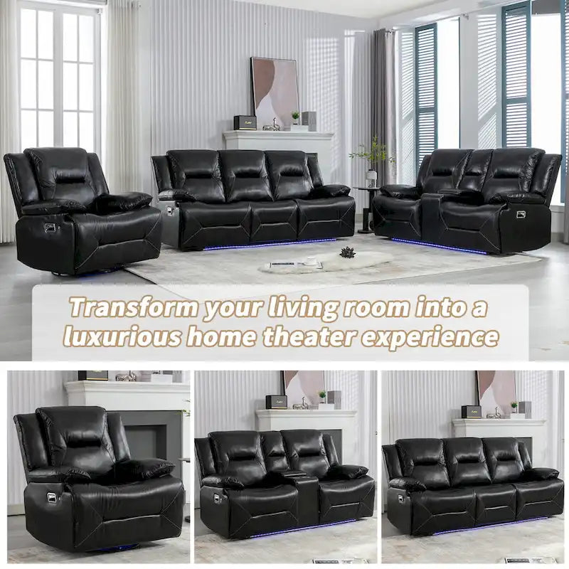 Ensemble de fauteuil inclinable pour home cinéma, fauteuil inclinable manuel avec bande lumineuse LED et deux porte-gobelets intégrés pour salon, chambre, noir.-11