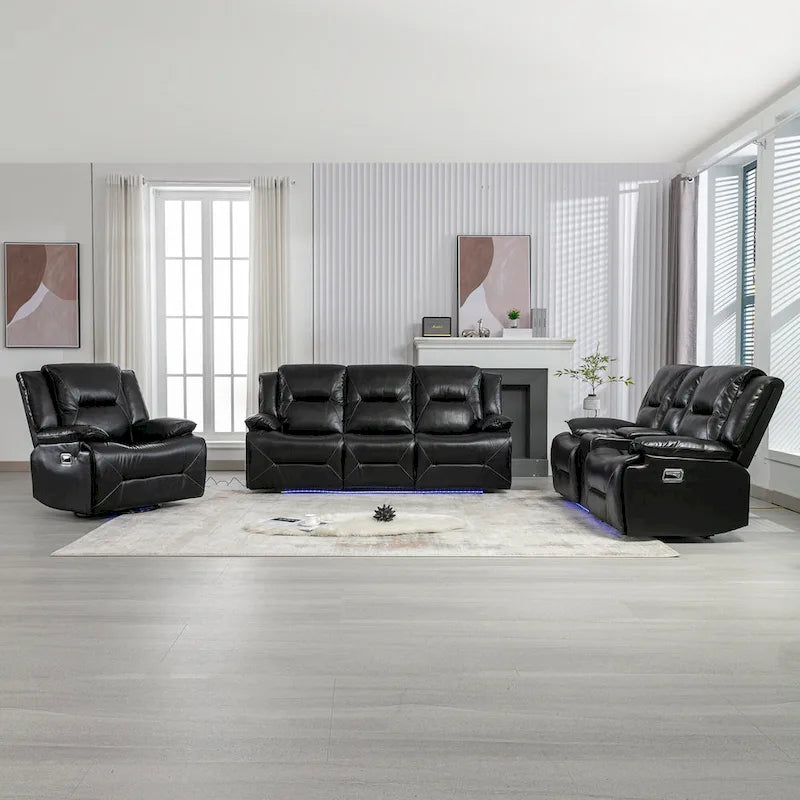 Ensemble de fauteuil inclinable pour home cinéma, fauteuil inclinable manuel avec bande lumineuse LED et deux porte-gobelets intégrés pour salon, chambre, noir.-14