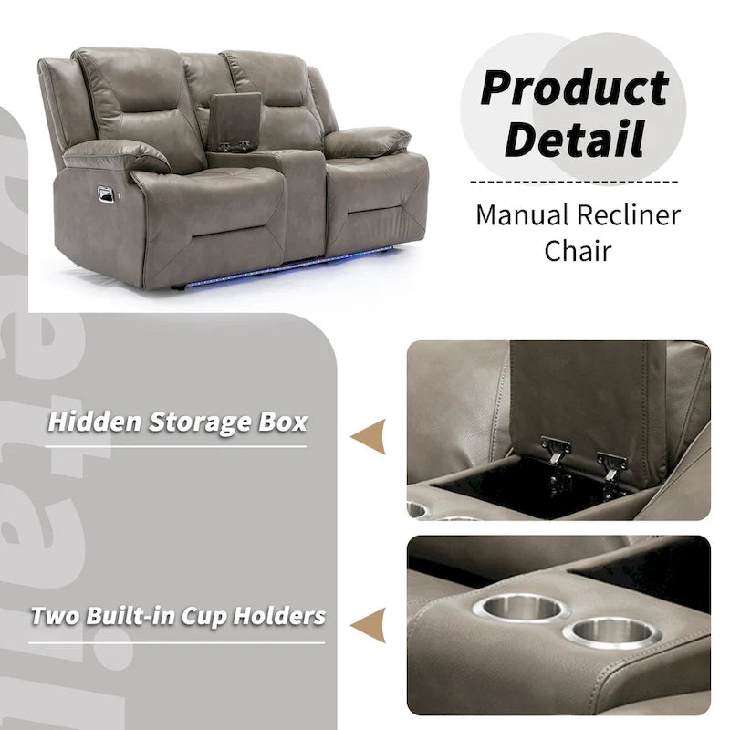 Ensemble de fauteuil inclinable pour home cinéma, fauteuil inclinable manuel avec bande lumineuse LED et deux porte-gobelets intégrés pour salon, chambre, noir.-24