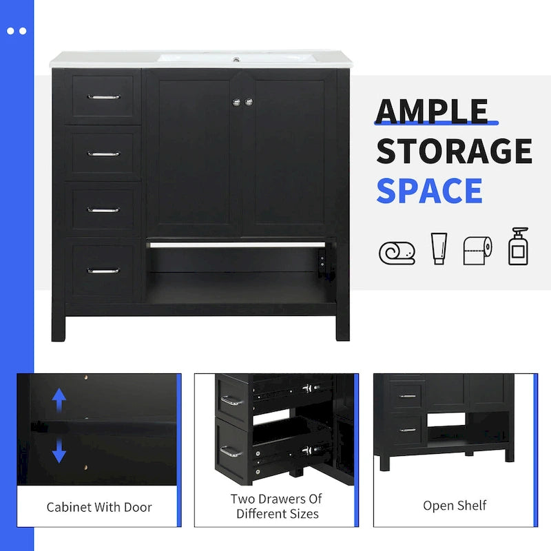 Meuble-lavabo moderne de 91 cm avec vasque, 2 placards, 2 poignées en métal et tiroirs coulissants, idéal pour une salle de bain ou un dressing.-5