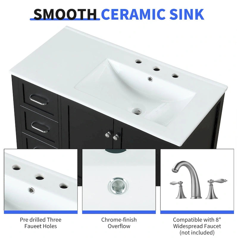 Meuble-lavabo moderne de 91 cm avec vasque, 2 placards, 2 poignées en métal et tiroirs coulissants, idéal pour une salle de bain ou un dressing.-6