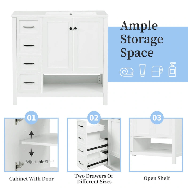 Meuble-lavabo moderne de 91 cm avec vasque, 2 placards, 2 poignées en métal et tiroirs coulissants, idéal pour une salle de bain ou un dressing.-9