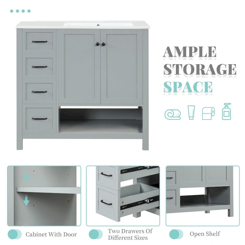 Meuble-lavabo moderne de 91 cm avec vasque, 2 placards, 2 poignées en métal et tiroirs coulissants, idéal pour une salle de bain ou un dressing.-13