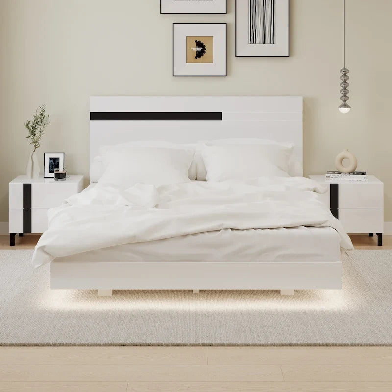 Ensemble de chambre moderne 3 pièces, lit plateforme queen, cadre de lit flottant avec lumière LED et 2 tables de chevet avec pieds en métal-8