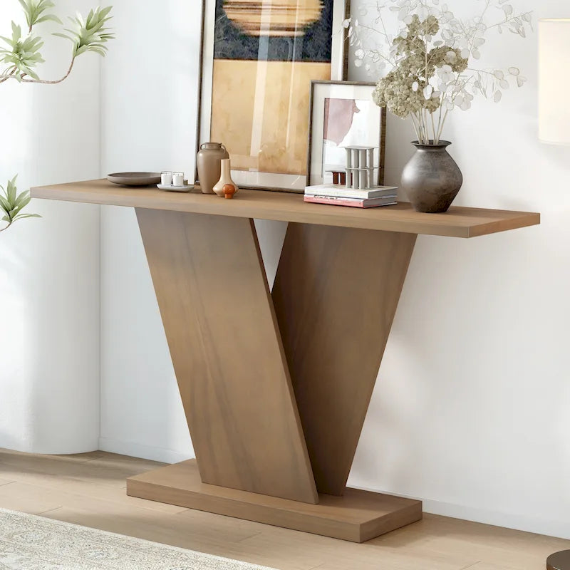 Christopher Knight Home - Table console élégante Mirod avec placage en bois naturel et piètement robuste en V-27