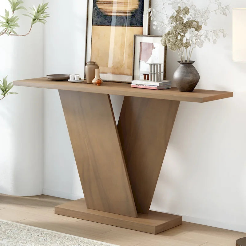 Christopher Knight Home - Table console élégante Mirod avec placage en bois naturel et piètement robuste en V-2