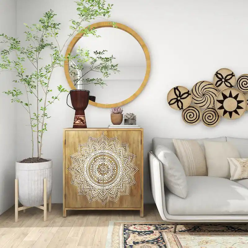 Meuble de chambre en bois sculpté à motifs floraux, 1 étagère et 2 portes - Brun - Roche River Decor-2