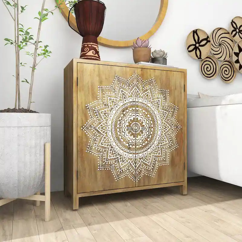 Meuble de chambre en bois sculpté à motifs floraux, 1 étagère et 2 portes - Brun - Roche River Decor-3