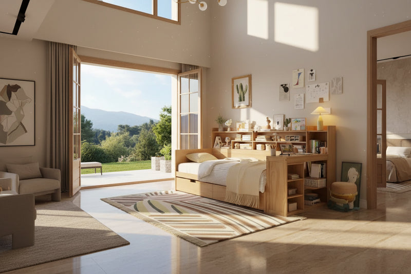 Wooden Twin Size Daybed with Storage Shelves, Two Drawers & Study Desk,Natural