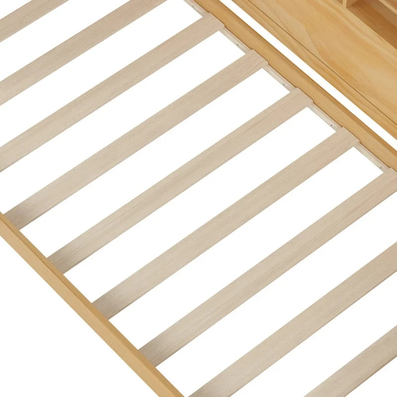 Lit de jour en bois pour une personne avec étagères de rangement, deux tiroirs et bureau, couleur naturelle-8