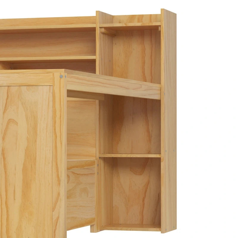 Lit de jour en bois pour une personne avec étagères de rangement, deux tiroirs et bureau, couleur naturelle-9