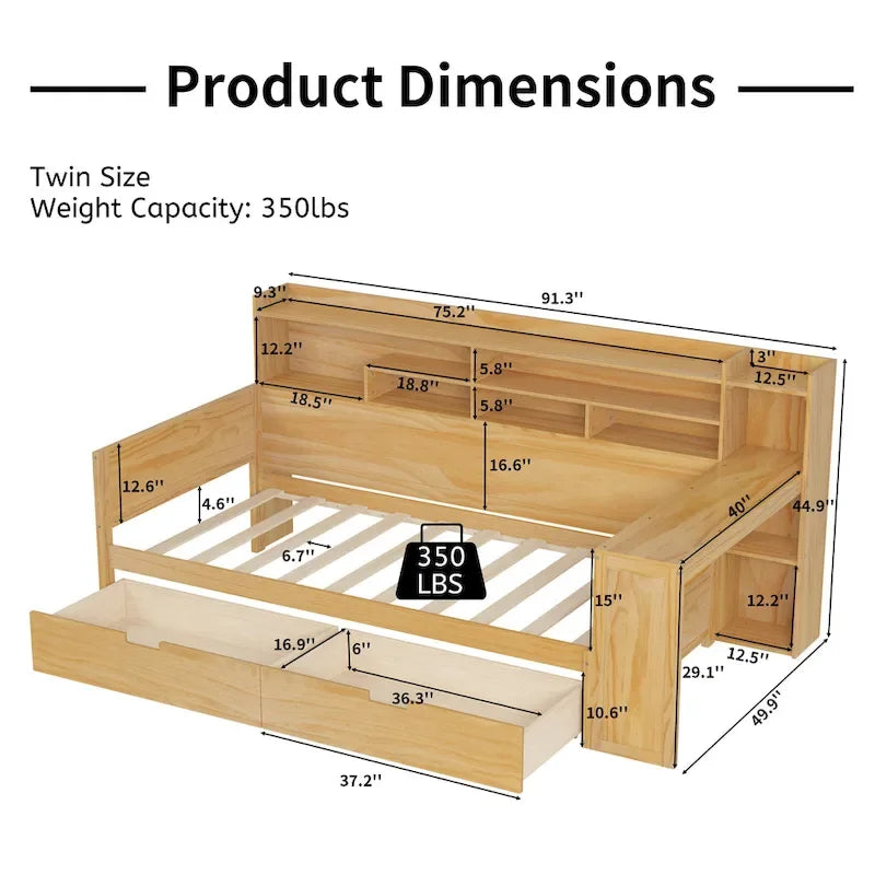 Lit de jour en bois pour une personne avec étagères de rangement, deux tiroirs et bureau, couleur naturelle-10