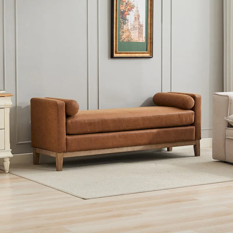 Banc, méridienne ou pouf élégant de 66,34 cm de large, entièrement capitonné, avec pieds en bois et 2 coussins cylindriques, idéal pour le pied de lit, la chambre ou le salon.