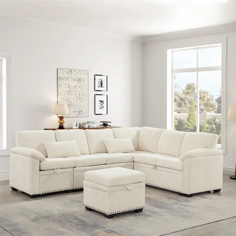 Canapé d'angle convertible en L en chenille 97 avec pouf de rangement-37