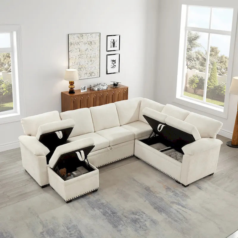 Canapé d'angle convertible en L en chenille 97 avec pouf de rangement-4