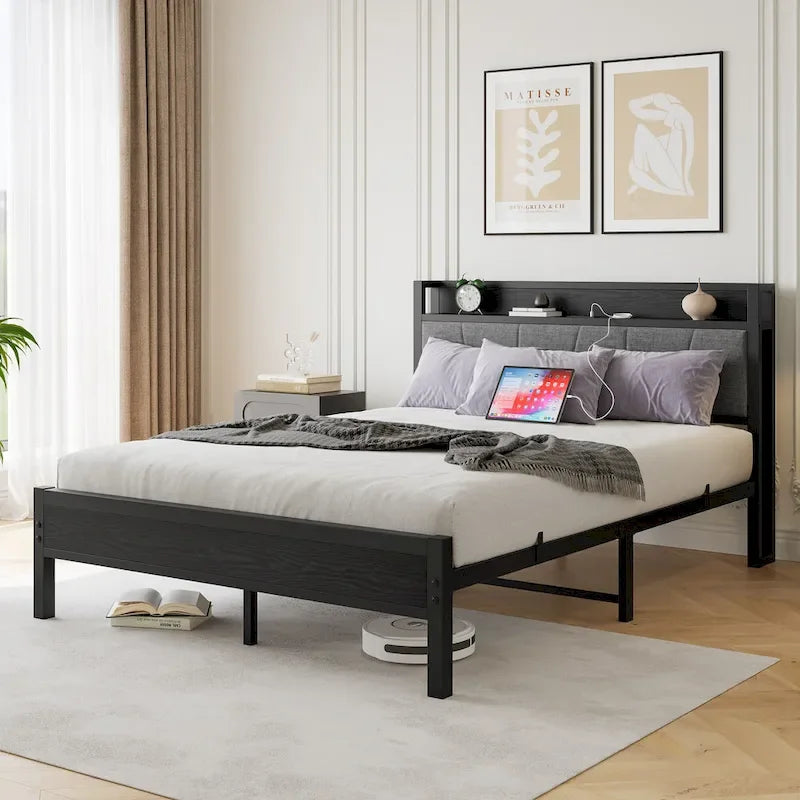 Queen Platform Bed with Storage Headboard & USB Ports