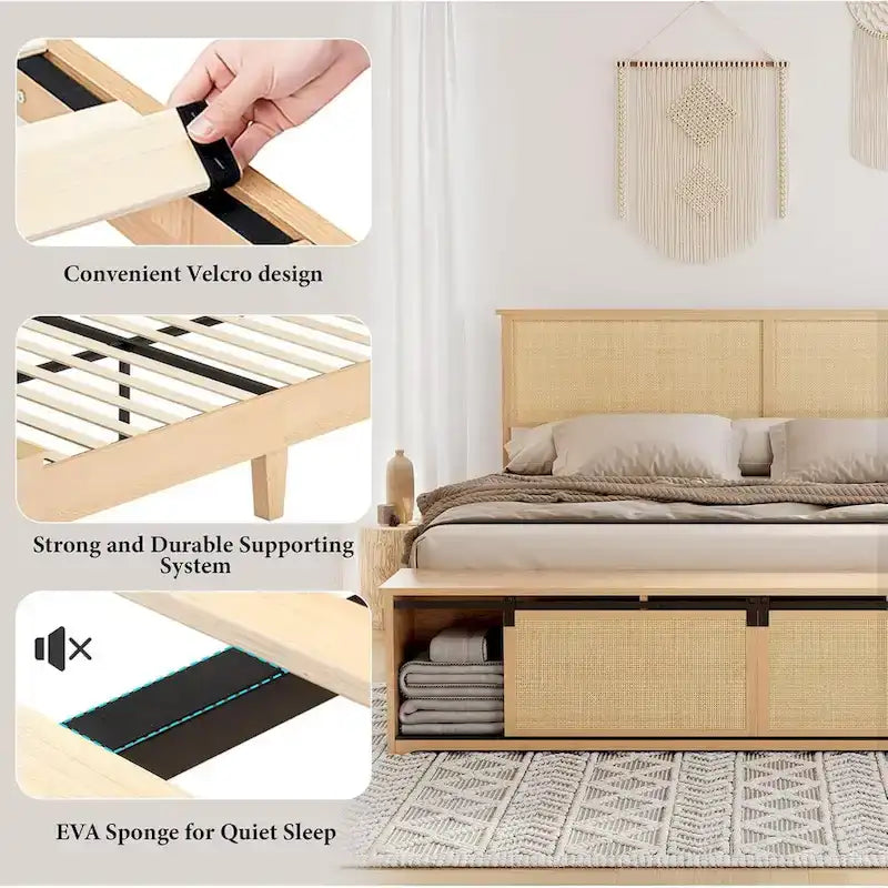 Cadre de lit double en rotin naturel avec placards de rangement à portes coulissantes de style grange-6