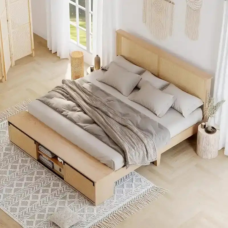 Cadre de lit double en rotin naturel avec placards de rangement à portes coulissantes de style grange-8