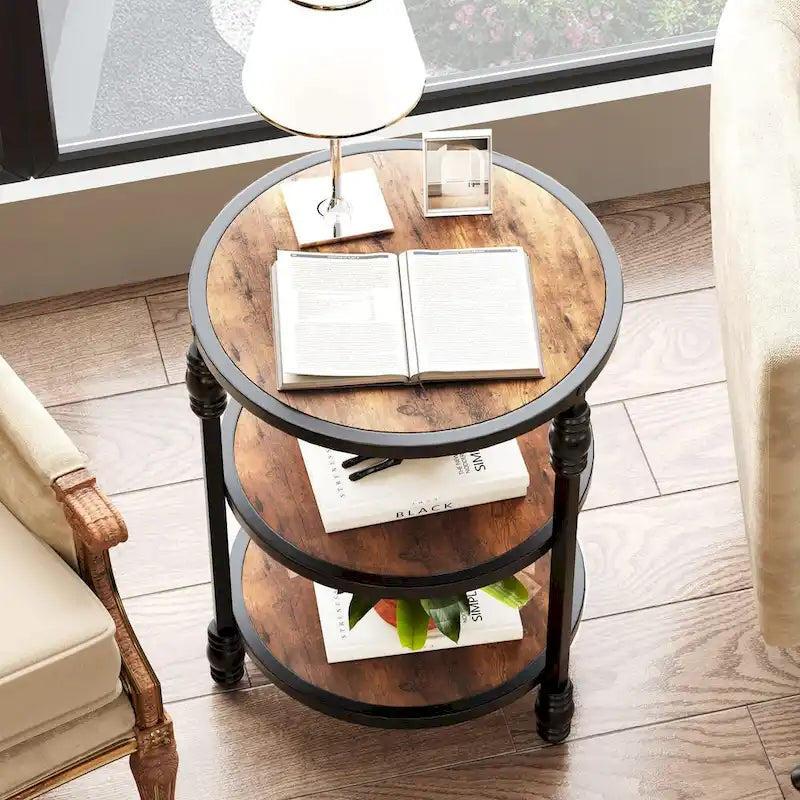 Table d'appoint ronde à 3 niveaux avec étagère de rangement-7