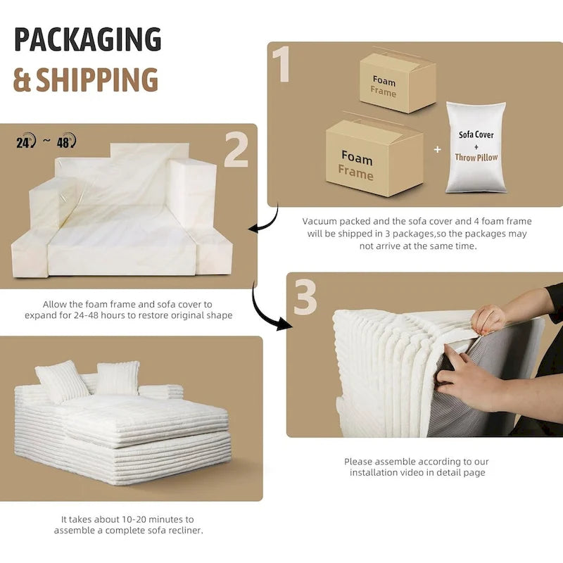 Fauteuil méridienne WOWMAX 60, canapé-lit surdimensionné en peluche douce et courte avec 2 coussins décoratifs-4