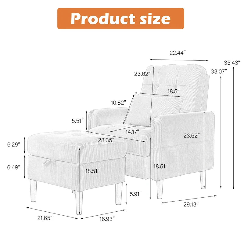 Fauteuil d'appoint rembourré avec dossier réglable et pouf de rangement-3