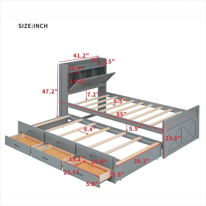 Lit plateforme en bois avec rangement intégré à la tête de lit, cadre de lit à lattes en bois avec 3 tiroirs de rangement et lit gigogne.-13