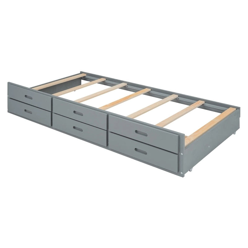 Lit plateforme en bois avec rangement intégré à la tête de lit, cadre de lit à lattes en bois avec 3 tiroirs de rangement et lit gigogne.-18