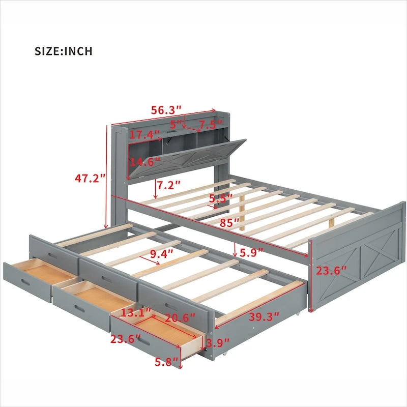 Lit plateforme en bois avec rangement intégré à la tête de lit, cadre de lit à lattes en bois avec 3 tiroirs de rangement et lit gigogne.-21