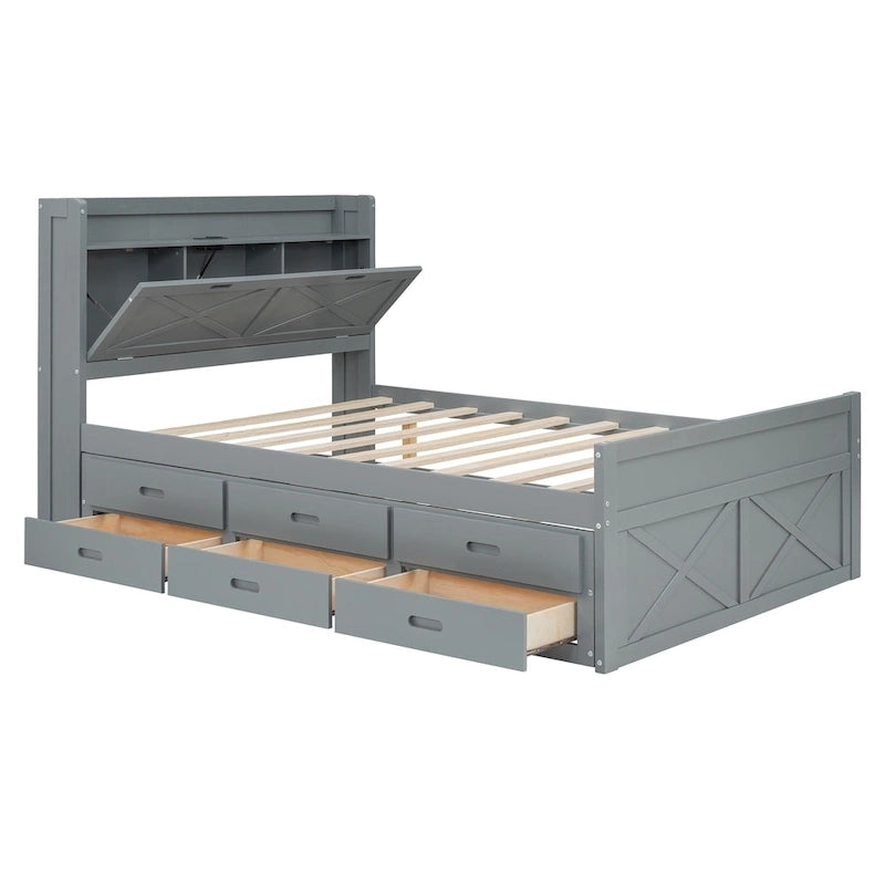 Lit plateforme en bois avec rangement intégré à la tête de lit, cadre de lit à lattes en bois avec 3 tiroirs de rangement et lit gigogne.-24