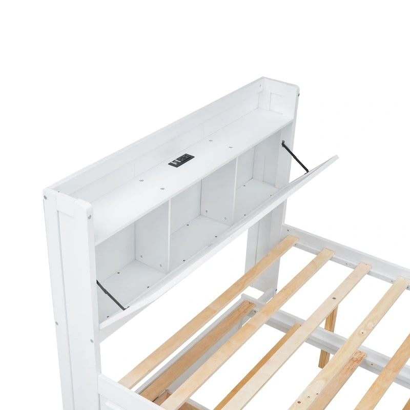 Lit plateforme en bois avec rangement intégré à la tête de lit, cadre de lit à lattes en bois avec 3 tiroirs de rangement et lit gigogne.-31