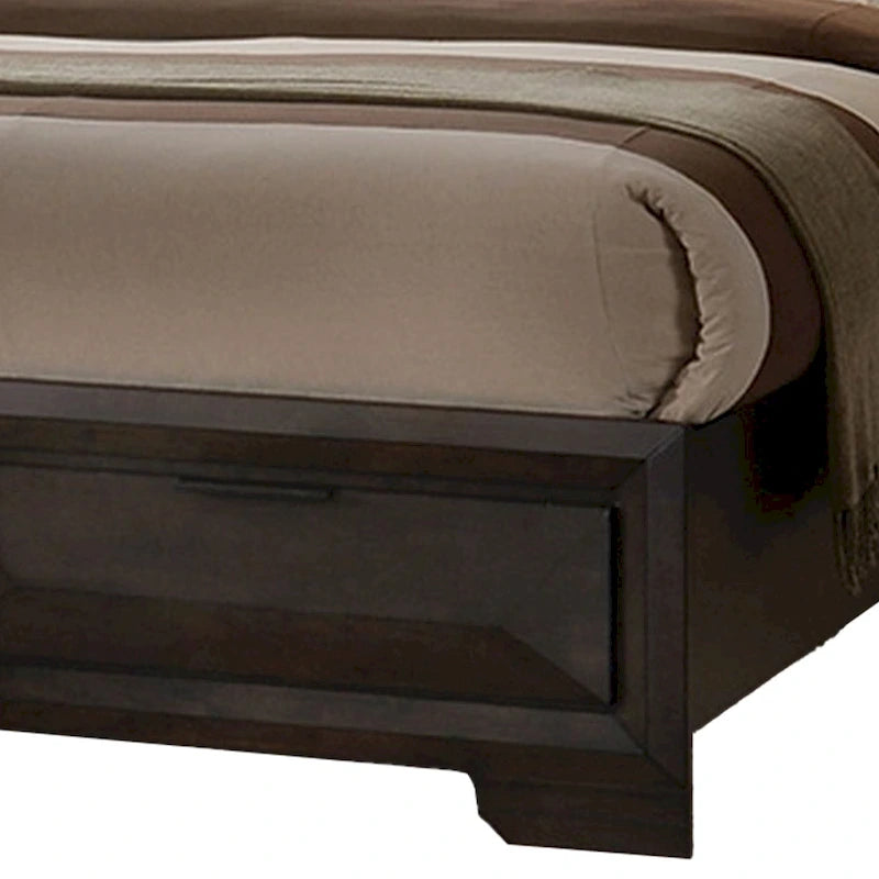 Lit Costa King Size, tête de lit bibliothèque, 2 tiroirs, bois massif brun foncé-3