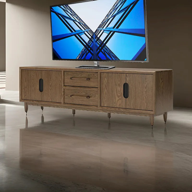 Meuble TV Rohan, 2 tiroirs, 2 étagères, bois brun foncé, 85 pouces-6