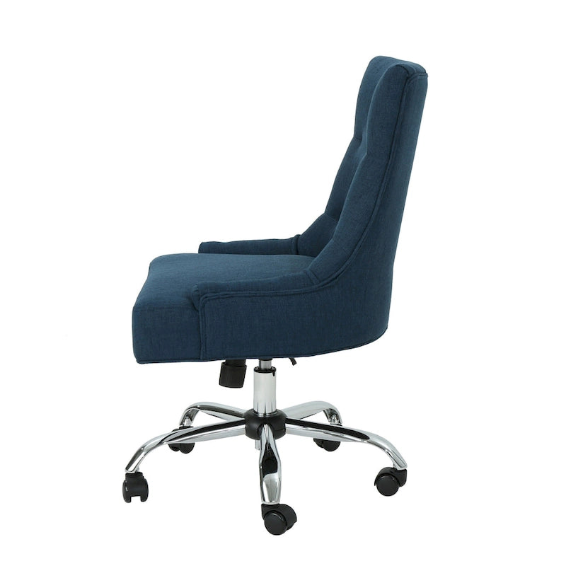 Fauteuil de bureau pivotant Ovi, tissu bleu marine, dossier capitonné, roulettes-3