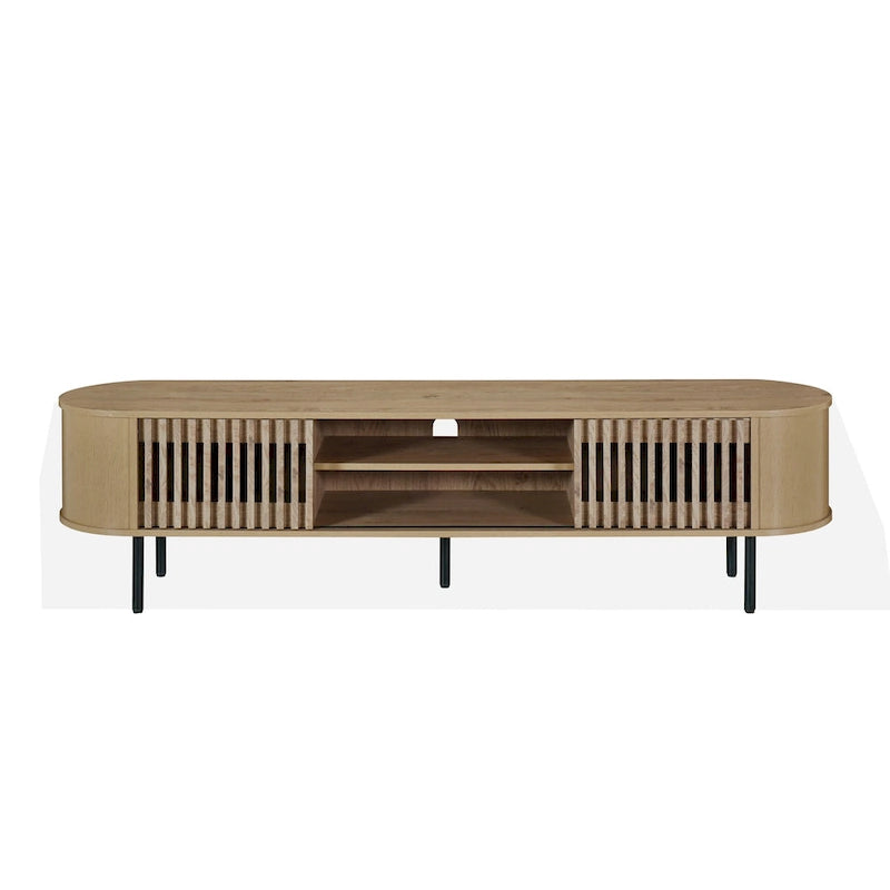Meuble TV Brandon, console multimédia, étagère et 2 placards, bois beige, 180 cm-2