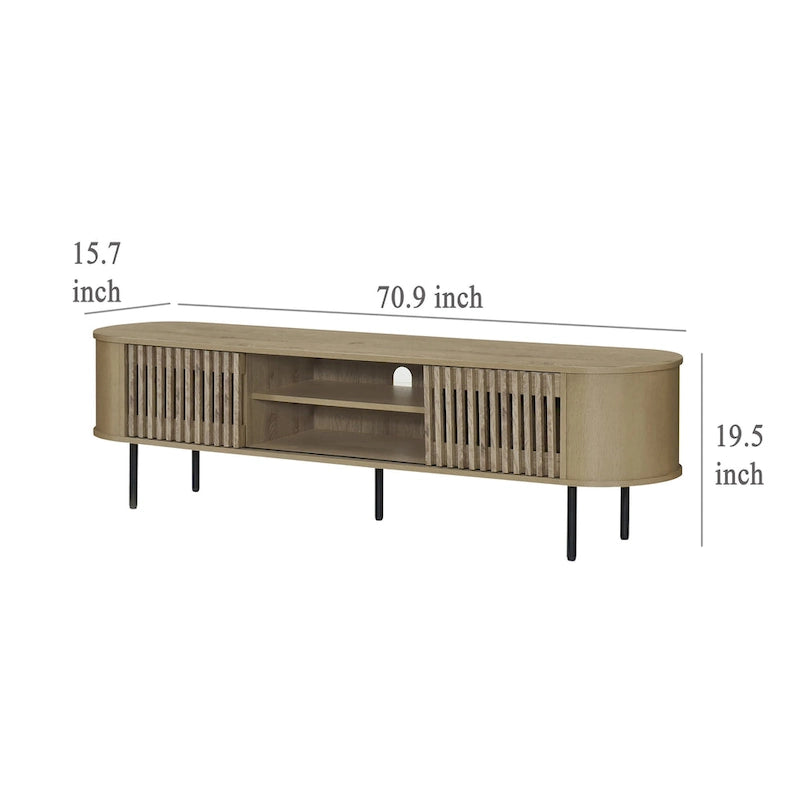 Meuble TV Brandon, console multimédia, étagère et 2 placards, bois beige, 180 cm-5