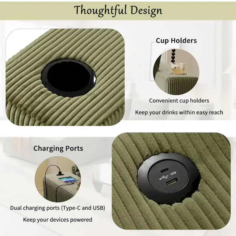 Canapé d'angle en velours côtelé de 111 pouces avec porte-gobelets et ports de chargement intégrés-4