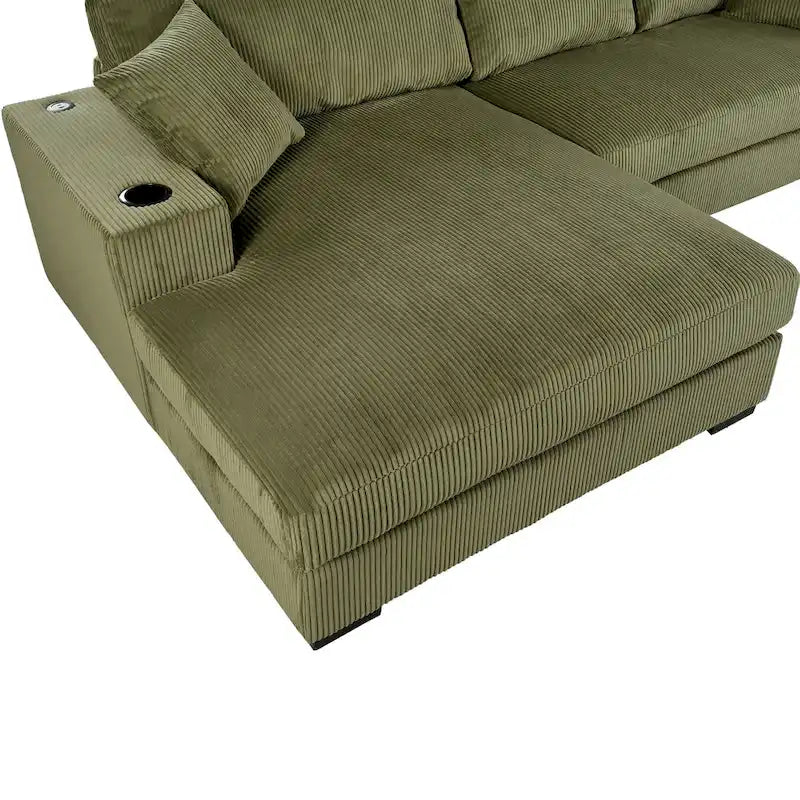 Canapé d'angle en velours côtelé de 111 pouces avec porte-gobelets et ports de chargement intégrés-11