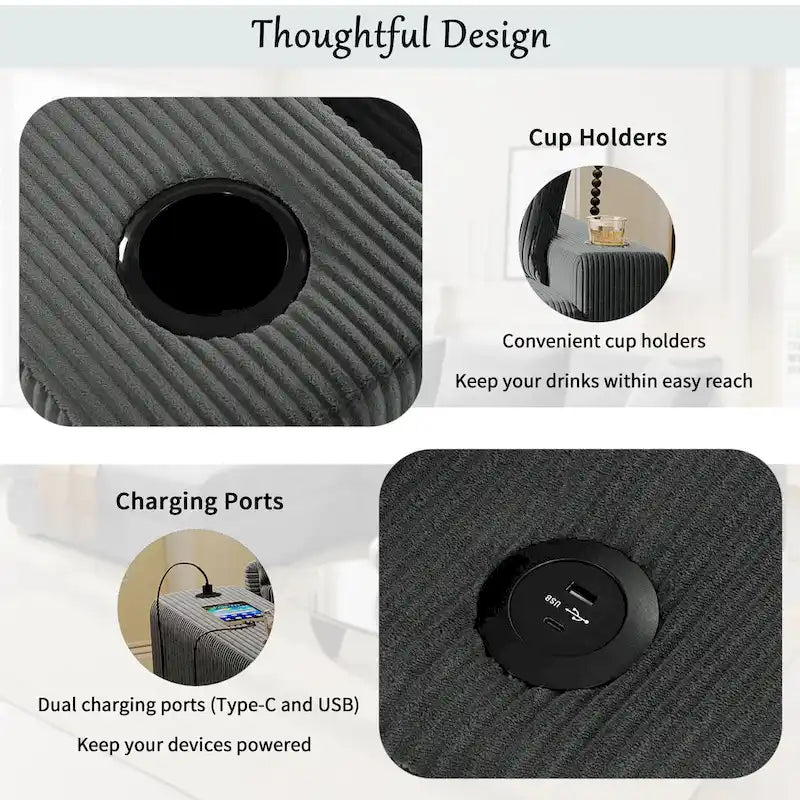 Canapé d'angle en velours côtelé de 111 pouces avec porte-gobelets et ports de chargement intégrés-20