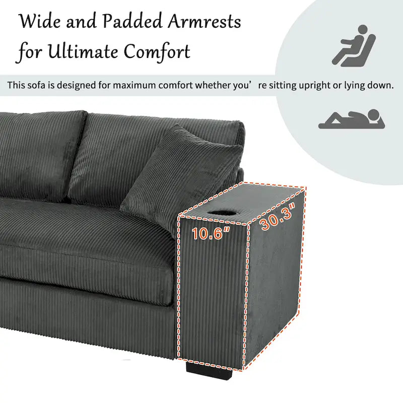 Canapé d'angle en velours côtelé de 111 pouces avec porte-gobelets et ports de chargement intégrés-21