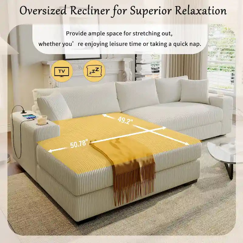 Canapé d'angle en velours côtelé de 111 pouces avec porte-gobelets et ports de chargement intégrés-34