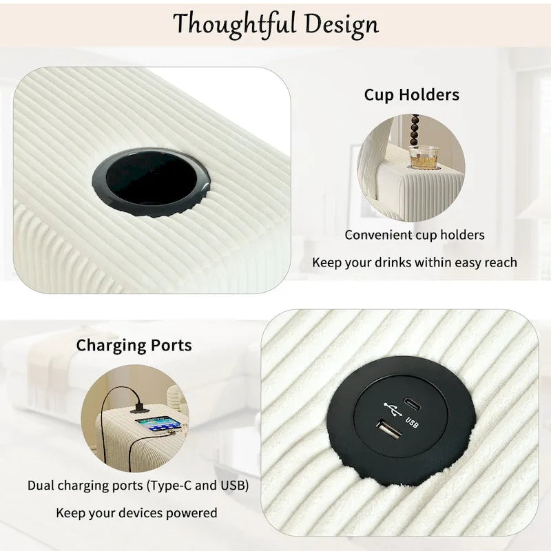 Canapé d'angle en velours côtelé de 111 pouces avec porte-gobelets et ports de chargement intégrés-36