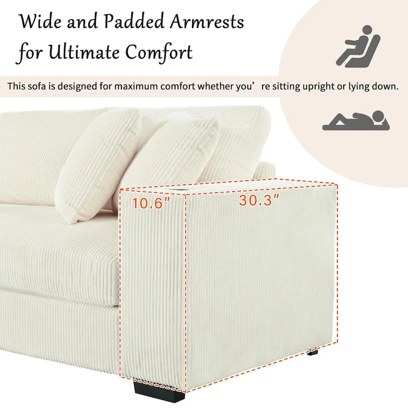 Canapé d'angle en velours côtelé de 111 pouces avec porte-gobelets et ports de chargement intégrés-37