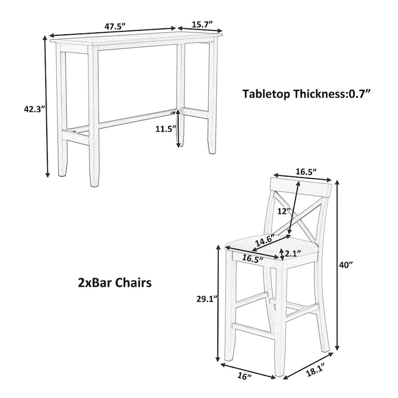 Ensemble table et chaises de salle à manger 3 pièces, petit ensemble table et chaises de hauteur comptoir avec coin repas et 2 chaises-7